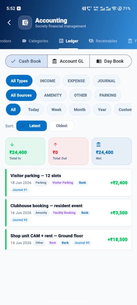 Cash book ledger with parking, amenity and rent entries