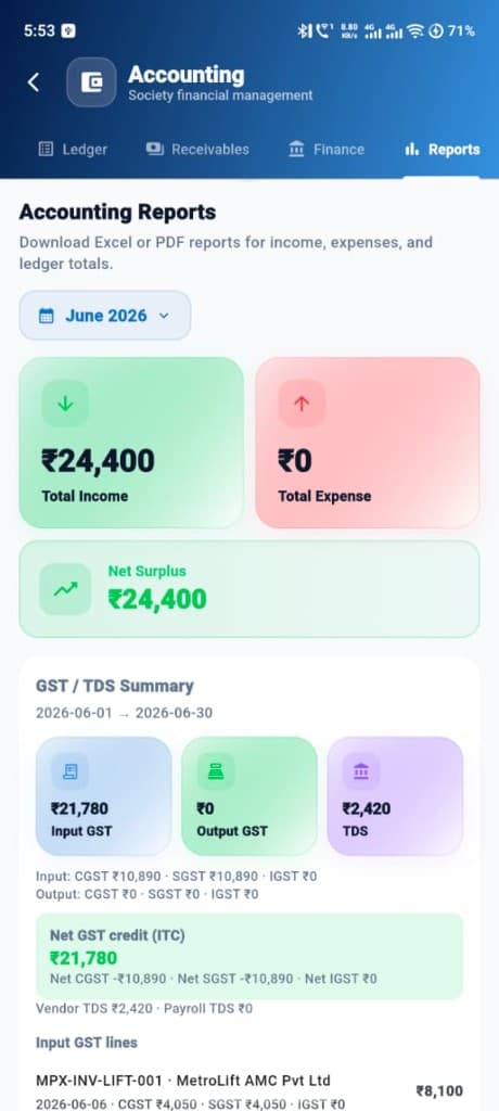 GST TDS reports with Excel and PDF export