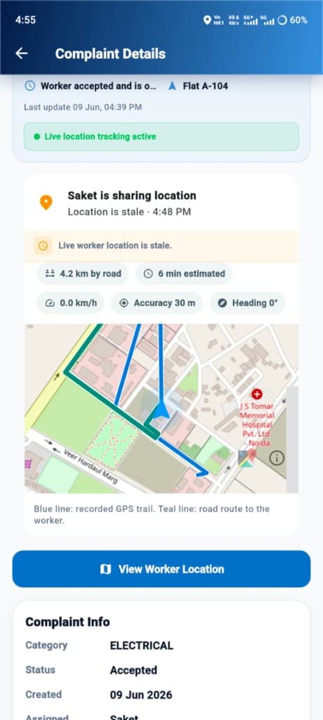 Live complaint and staff tracking with GPS map