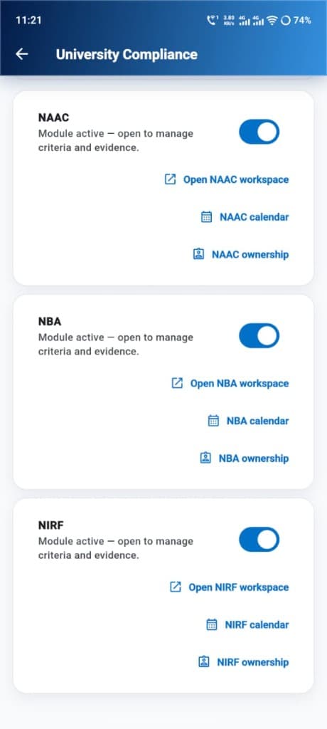 University compliance ERP with NAAC, NBA and NIRF modules