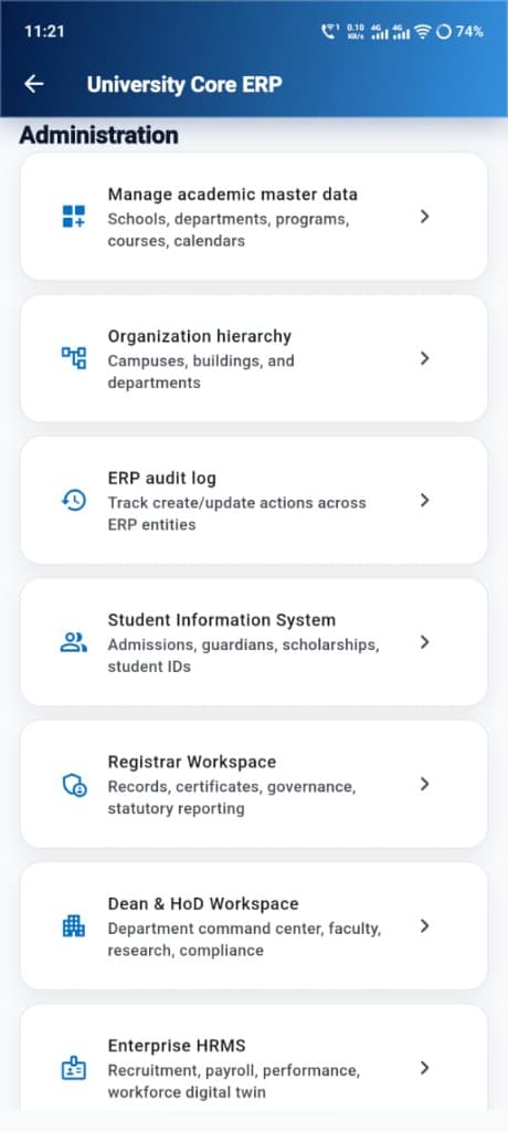 University core ERP administration modules including SIS, registrar, dean workspace and HRMS