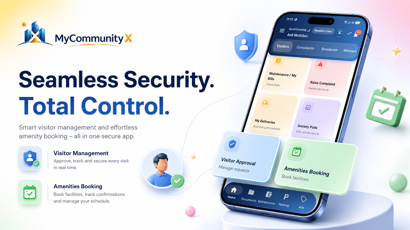 MyCommunityX feature showcase with visitor approval and amenities booking
